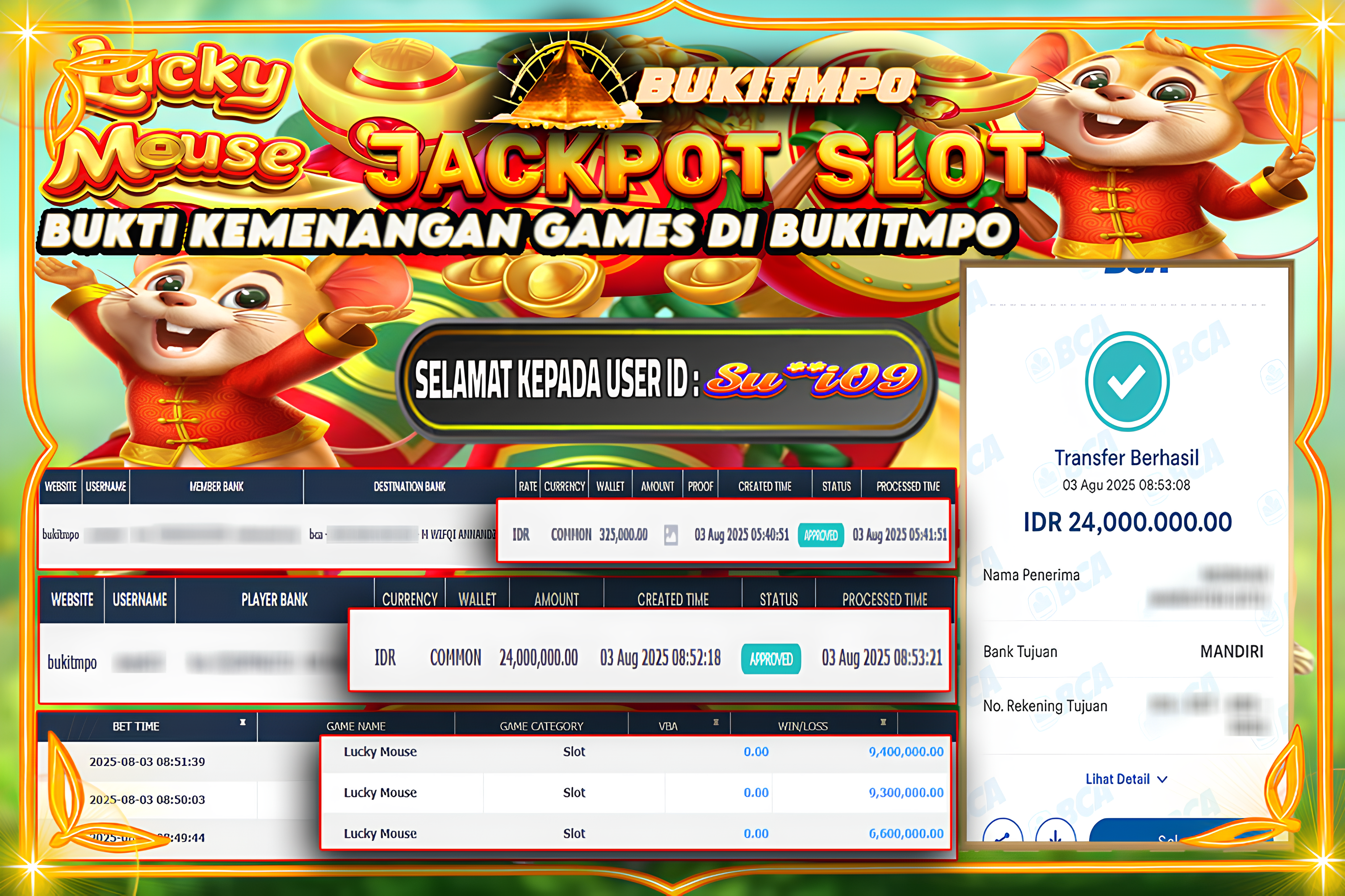BUKITMPO JACKPOT LUCKY MOUSE Rp.24.000.000,- LUNAS